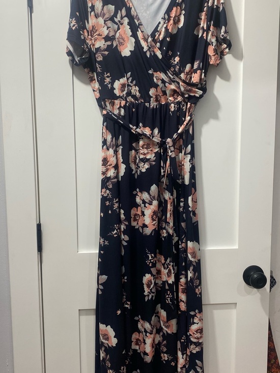 Kranda Dresses & Skirts - Dark Navy Blue Floral Wrap Maxi Dress with Pink Blooms